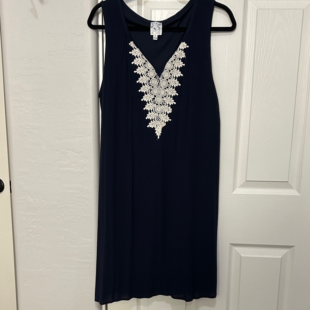Navy Sleeveless Dress with White Embroidery